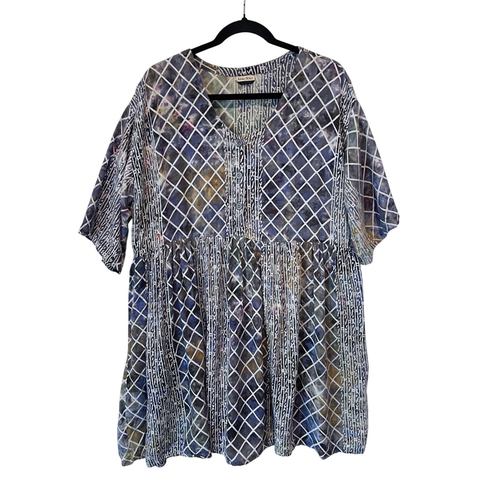 Laise Adzer Vintage Batik Lattice Print Babydoll Dress Blue Purple One Size READ